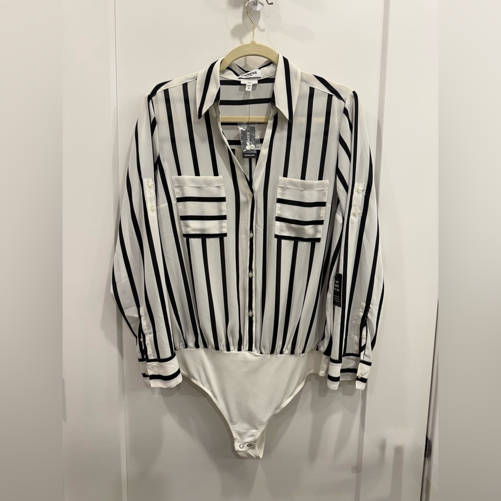 Express Portofino Striped Slim Fit Shirt Bodysuit – Black & White | Size L | NWT